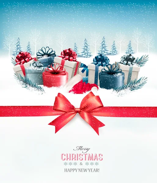 Buon Natale sfondo con un nastro rosso e scatole regalo. Vect — Vettoriale Stock
