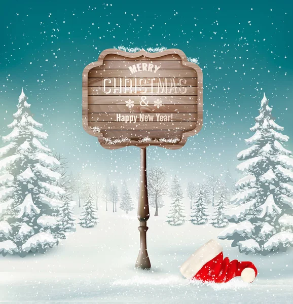Piękne zimowe tło z zaśnieżony Las i drewniane Merry — Wektor stockowy