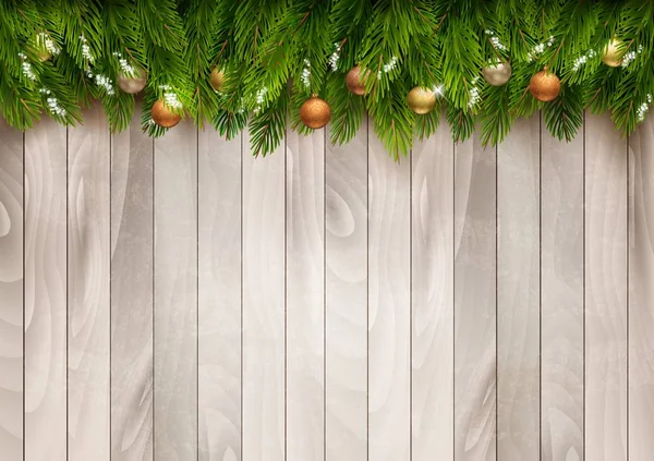 Rami di albero di Natale con le bagattelle su uno sfondo di legno. Vec — Vettoriale Stock