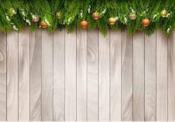 Ramos de árvore de Natal com bugigangas em um fundo de madeira. Vec — Vetor de Stock