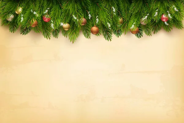 Decorated Christmas tree branches on a old paper background. Vec — Stock Illustration Decorated Christmas tree branches on a old paper background. Vec Stock Vector