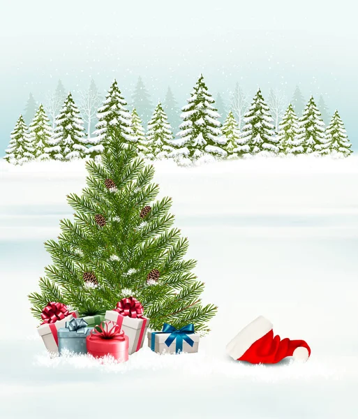 Karácsonyfa, ajándékok háttérrel. Vektor. — Stock Vector