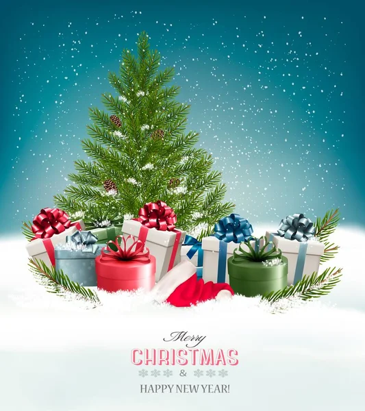 Fond de Noël avec un arbre de Noël et des cadeaux. Vecteur . — Image vectorielle