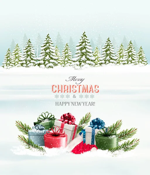 Winter background with christmas gift boxes. Vector. — Stock Vector