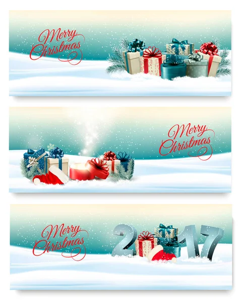 Three Christmas banners with presents. Vector. — Stock Vector