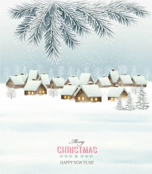 Winter christmas background with a snowy village landscape. Vect Stock Illustration