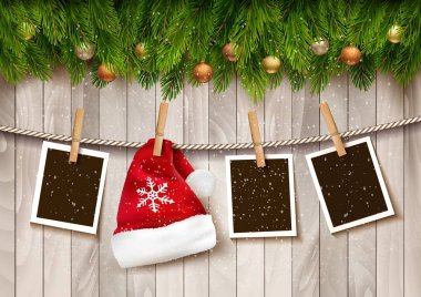 hristmas arka plan fotoğraf ve Noel Baba şapkası ile. Vektör.