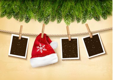Noel ağacı dalları ile fotoğraf ve Noel Baba şapkası. Vektör.
