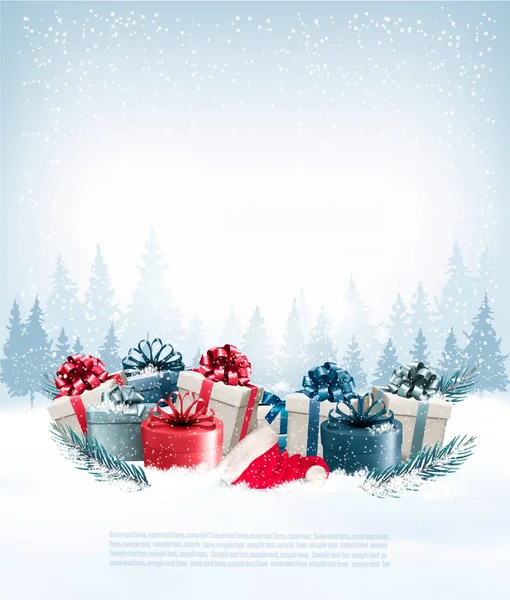 Holiday Christmas background with a gift boxes and Santa hat. Ve — Stock Vector