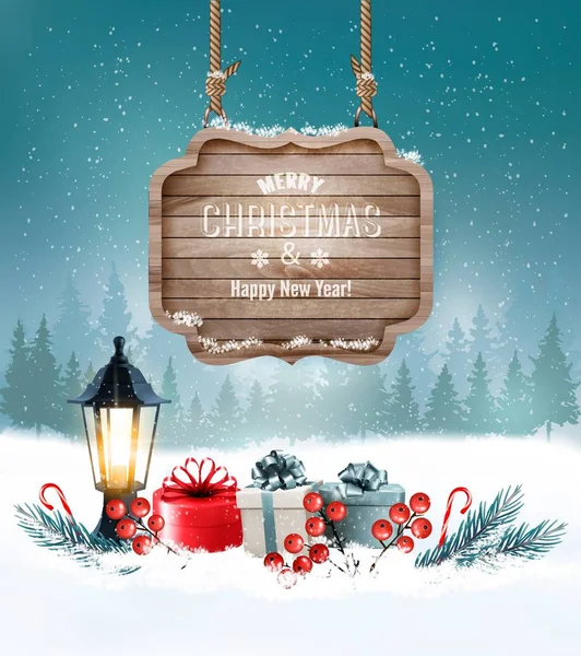 Holiday Christmas background with gift boxes and wooden sign. Ve — Stock Vector