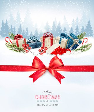 Tatil Noel arka plan ile bir hediye kutuları ve Noel Baba şapkası. Ve