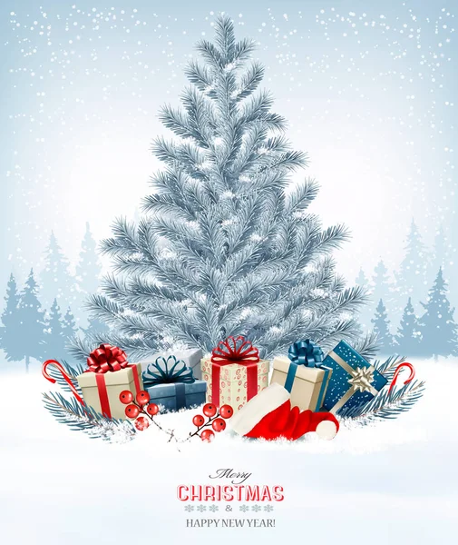 Χειμώνας φόντο με ένα χριστουγεννιάτικο δένδρο, δώρα και ένα santa χα — Διανυσματικό Αρχείο