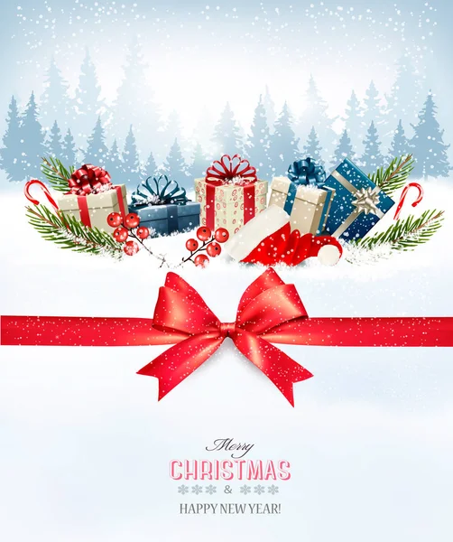 Fondo navideño navideño con cajas de regalo y sombrero de Santa. Ve. — Archivo Imágenes Vectoriales