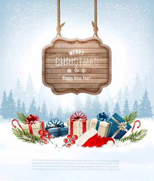 Christmas background with a retro wooden sign and gift boxes. Ve