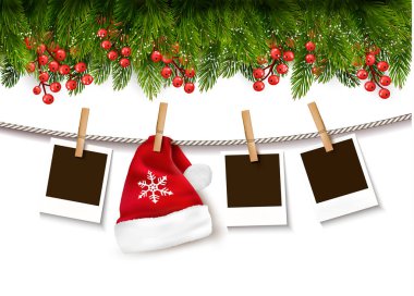 Noel arka plan fotoğraf ve Noel Baba şapkası ile. Vektör.