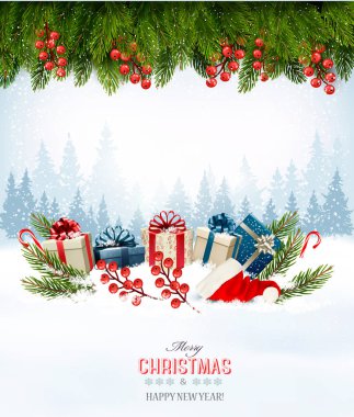 Tatil Noel arka plan ile bir hediye kutuları ve Noel Baba şapkası. Ve
