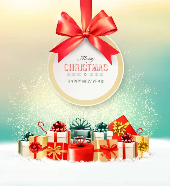 Χριστουγεννιάτικα δώρα με μια κάρτα δώρου και μια κορδέλα. Διάνυσμα. — Διανυσματικό Αρχείο