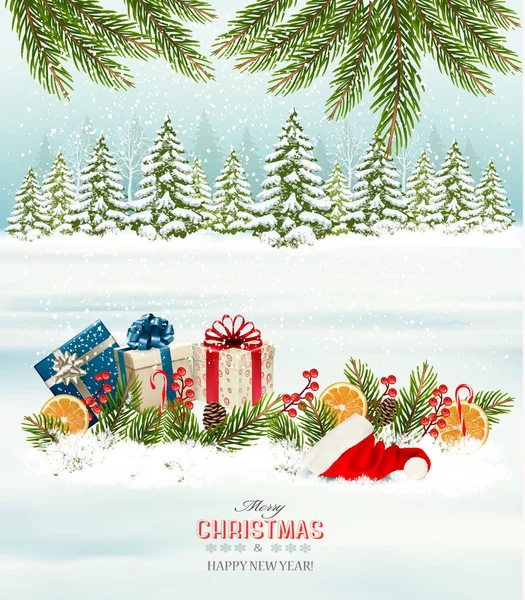 Різдвяний фон з подарунковими коробками та капелюхом Санта. Вей — стоковий вектор