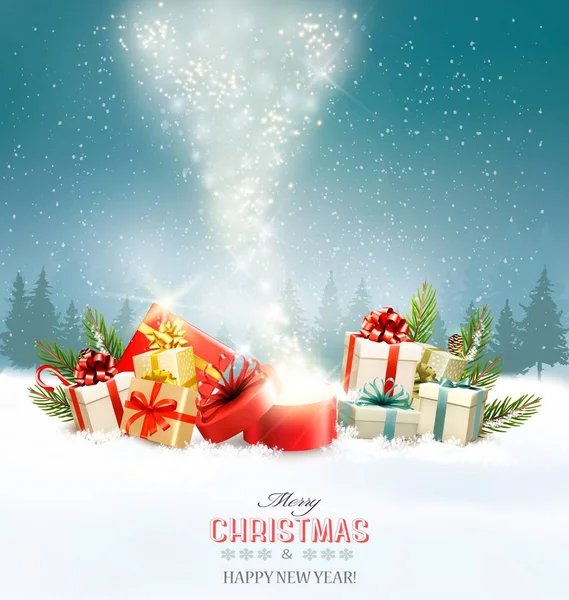 Christmas holiday bakgrund med presenter och magisk låda. Vektor — Stock vektor