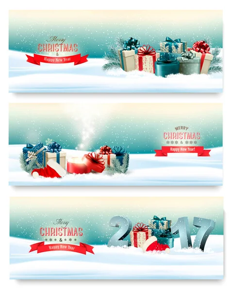 Drie kerst banners met cadeautjes en magische doos. Vector. — Stockvector