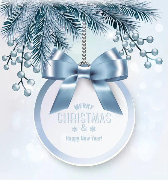 Fondo de Navidad con una tarjeta de regalo y ramas de árbol. Vect. — Vector de stock