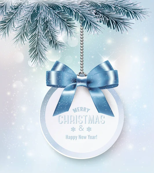 Fond de Noël de vacances avec une carte-cadeau et un arc bleu. Ve — Image vectorielle