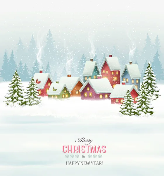 Holiday Christmas background with a village and  trees. Vector. — Stock Vector