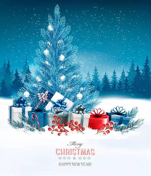 Fond de vacances avec un arbre de Noël bleu et cadeaux. Vecte — Image vectorielle
