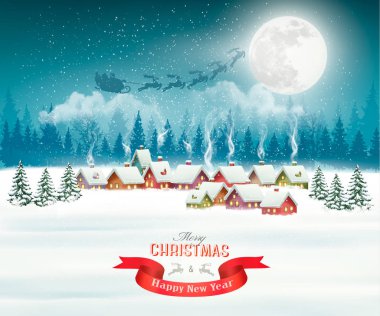 Kış Köyü gece Noel arka plan. Vektör.