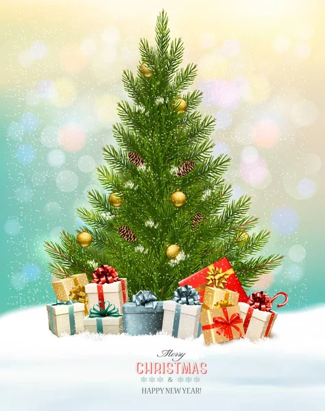 Fond de vacances avec un arbre de Noël et des cadeaux. Vecteur — Image vectorielle