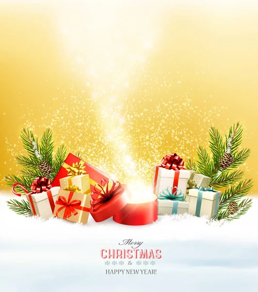 Fondo de vacaciones de Navidad con regalos y caja mágica.Vector — Vector de stock