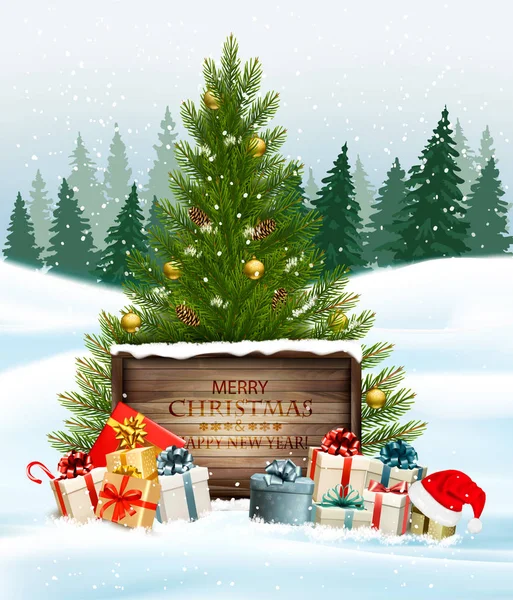 Bir Noel ağacı ve san hediyelerle yılbaşı arka plan — Stok Vektör