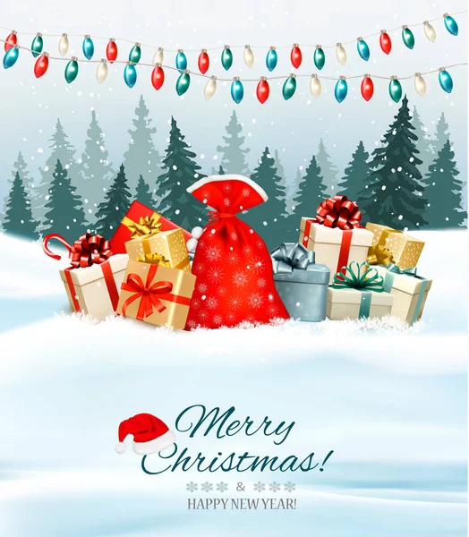 Holiday Kerstmis achtergrond met een zak vol geschenkdozen en — Stockvector