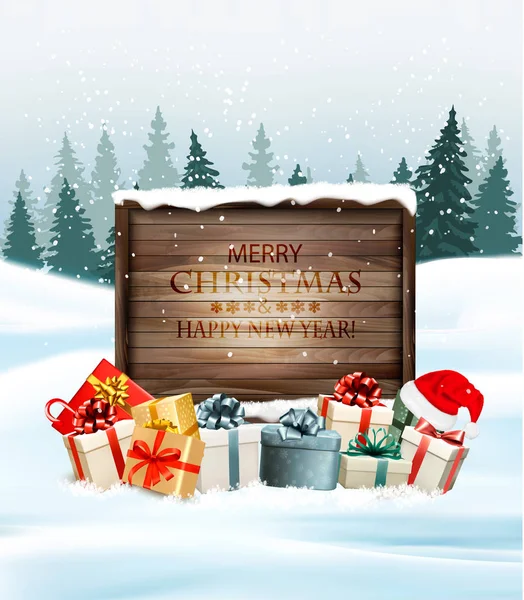 Fondo navideño navideño con cajas de regalo y sombrero de Santa. Ve. — Vector de stock