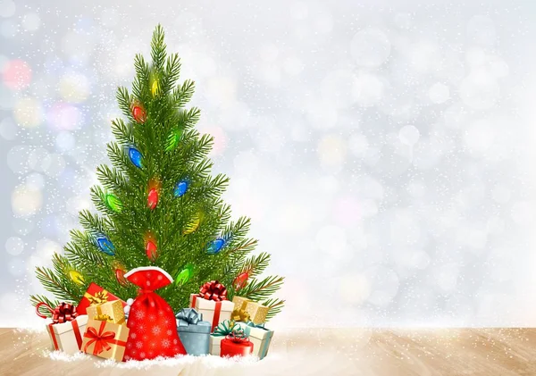 Διακοπές Χριστουγέννων φόντο με κουτιά δώρων και χριστουγεννιάτικο δέντρο. — Διανυσματικό Αρχείο