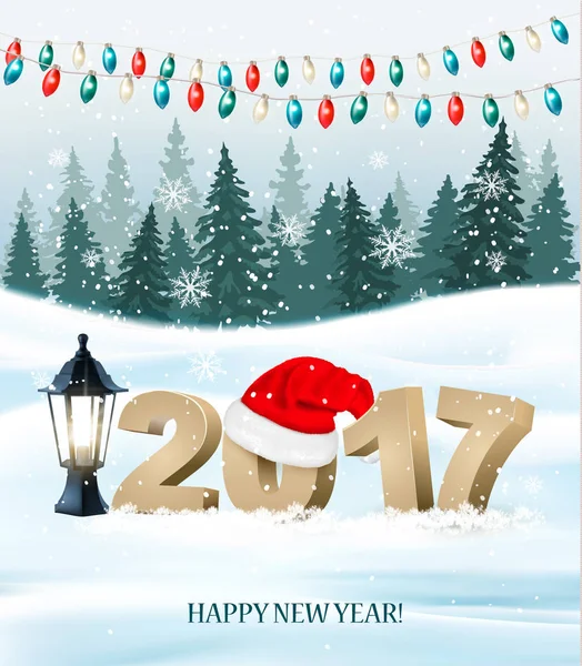 Ano Novo fundo com um 2017 e chapéu de Papai Noel. Vetor —  Vetores de Stock