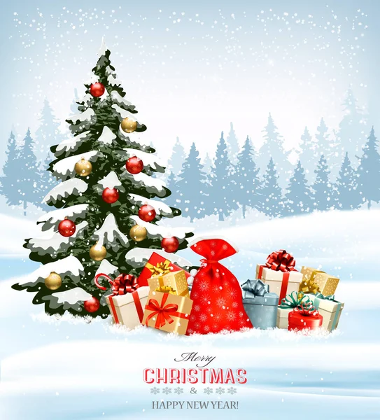 Holiday Christmas background with a sack full of gift boxes and — Stock Vector