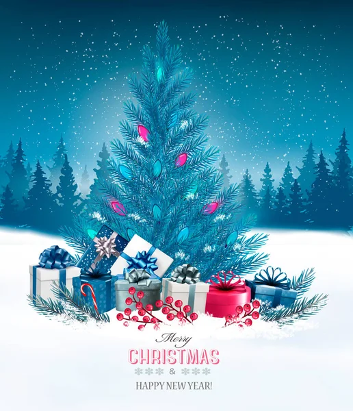 Fondo de vacaciones con un árbol de Navidad azul y regalos. Vect. — Archivo Imágenes Vectoriales