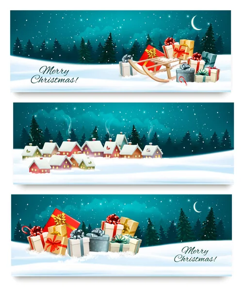 Drie feestelijke kerst-banners met landschappen en geschenkverpakkingen. — Stockvector