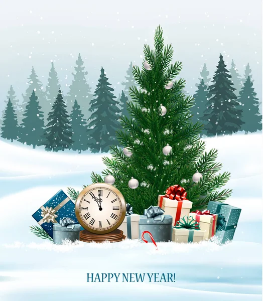Holiday background with a Christmas tree and presents and clock. — Stock Vector