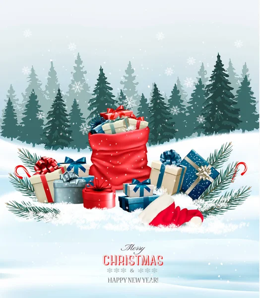 Fond de Noël de vacances avec un sac plein de boîtes-cadeaux. Végétaux — Image vectorielle