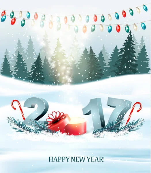 快乐新的一年 2017年自然背景与花环和礼物 b — 图库矢量图片