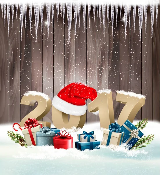 Happy new year background with a 2017 and a gift boxes. Vector. — Stock Vector