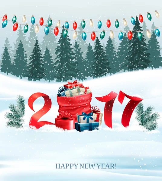 Nieuwjaar achtergrond met een 2017 en zak met cadeautjes. Vector — Stockvector