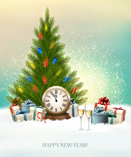 선물 상자, 시계와 크리스마스 나무 휴일 배경 — 스톡 벡터