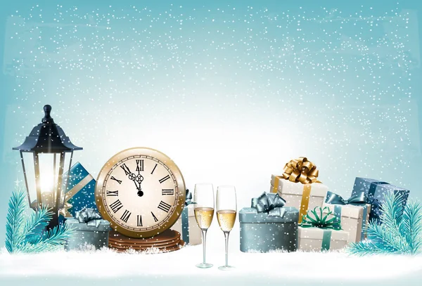 Αργία Πρωτοχρονιάς φόντο με δώρα και ρολόι. Διάνυσμα. — Διανυσματικό Αρχείο