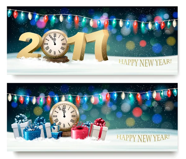 Feliz Ano Novo banners com presentes e fogos de artifício. Vetor. — Vetor de Stock