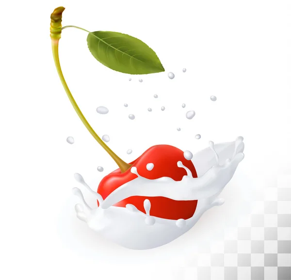 Red cherry in a milk splash on a transparent background. Vector. — Stock Vector