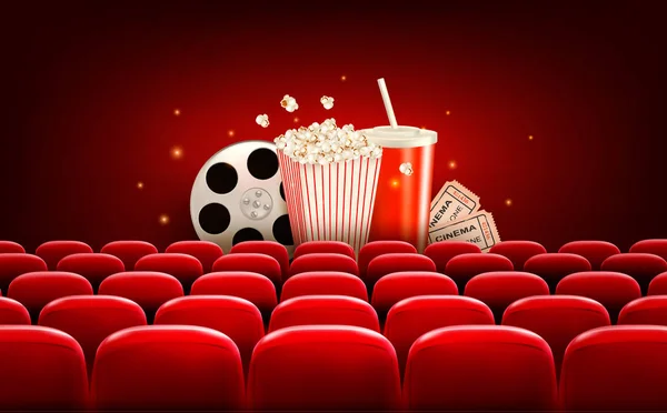 Sfondo cinematografico con bobina di film, popcorn, bevande e biglietti . — Vettoriale Stock