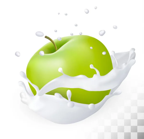 Зелене яблуко в молоці розбризкує на прозорому фоні. Векторні — стоковий вектор